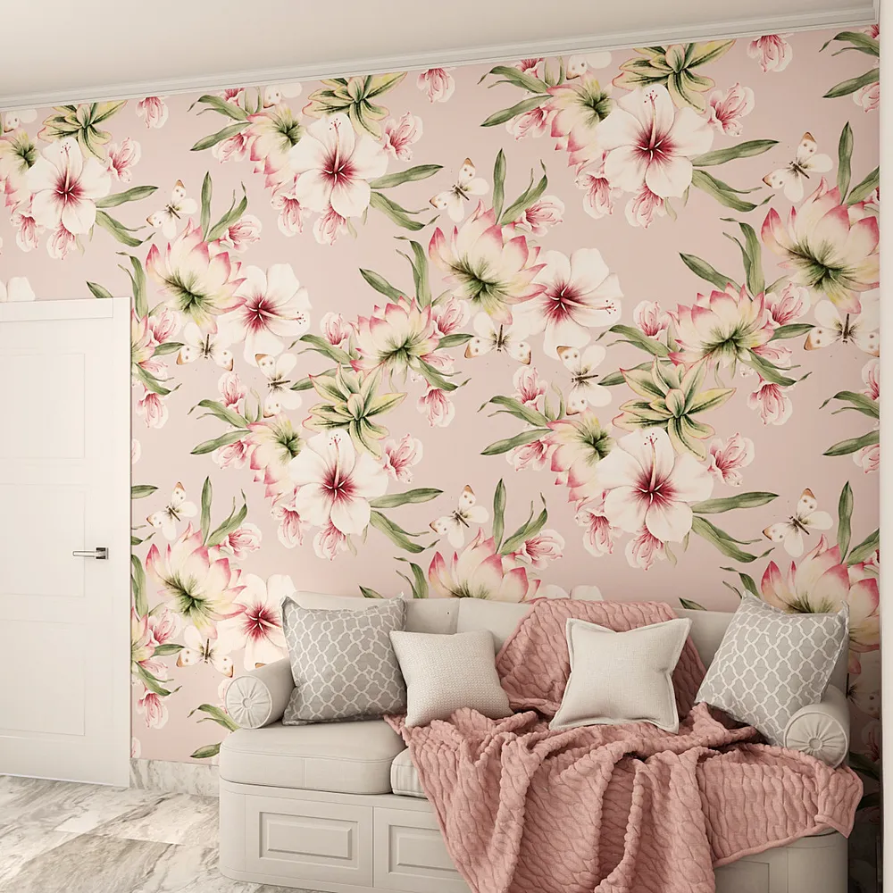 Self Adhesive Wallpaper in White Hibiscus Floral Pattern