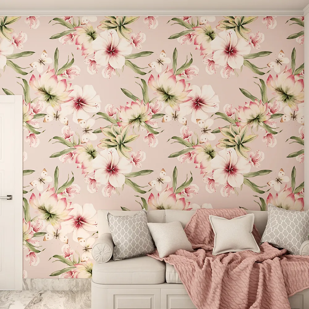 Self Adhesive Wallpaper in White Hibiscus Floral Pattern