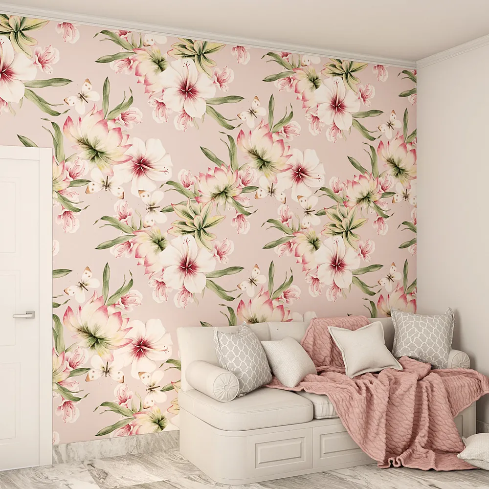Self Adhesive Wallpaper in White Hibiscus Floral Pattern