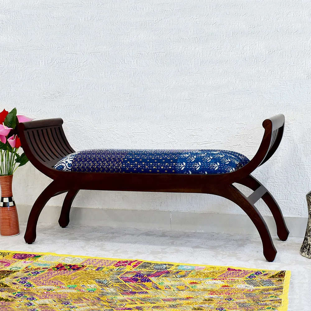Senate Dark Brown Sheesham Wood With Blue Kantha Gudri patchwork Settee Sofa