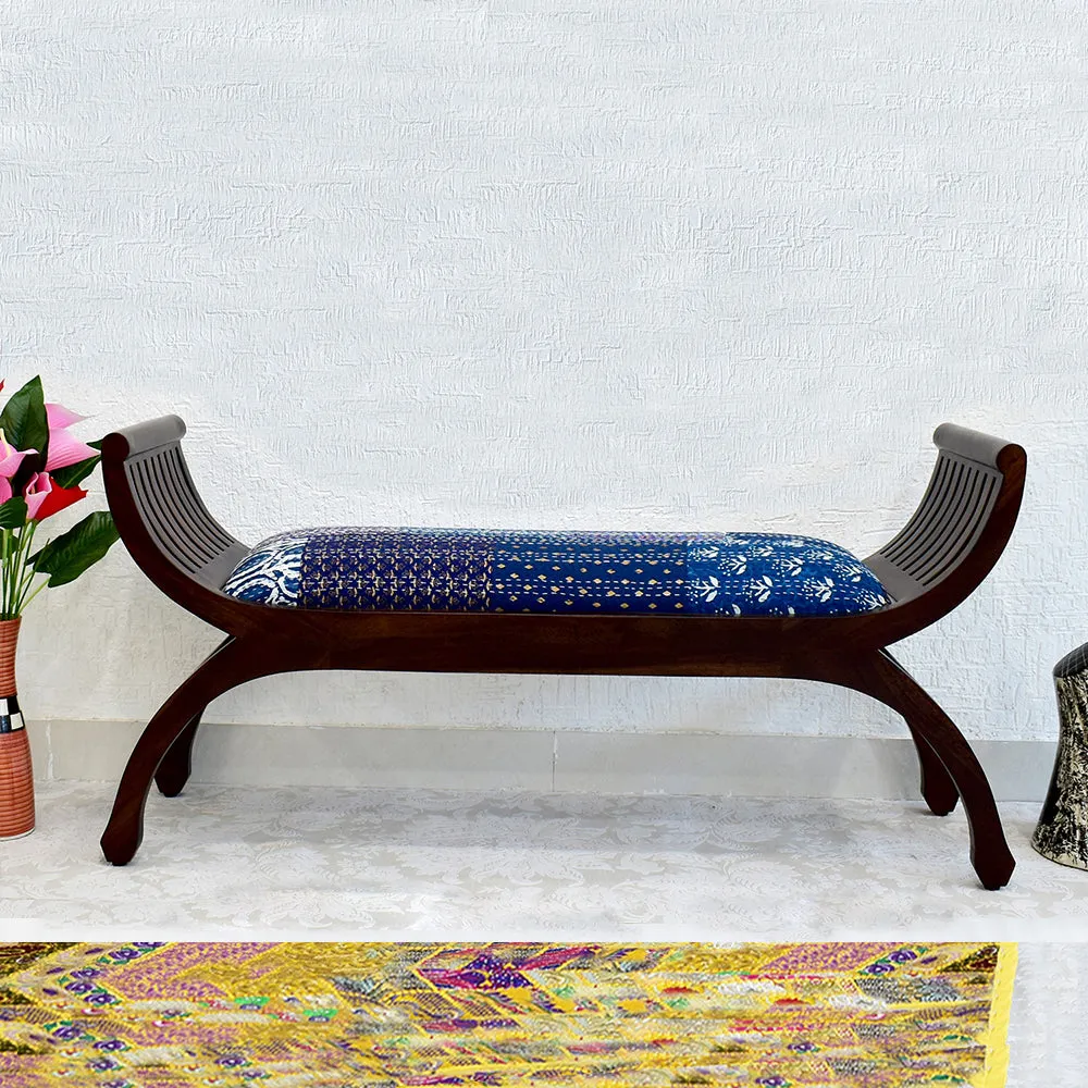 Senate Dark Brown Sheesham Wood With Blue Kantha Gudri patchwork Settee Sofa