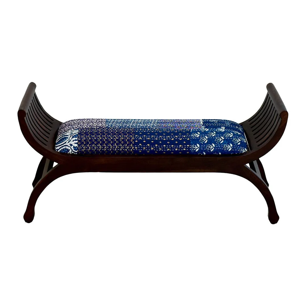 Senate Dark Brown Sheesham Wood With Blue Kantha Gudri patchwork Settee Sofa