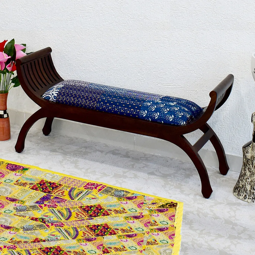 Senate Dark Brown Sheesham Wood With Blue Kantha Gudri patchwork Settee Sofa