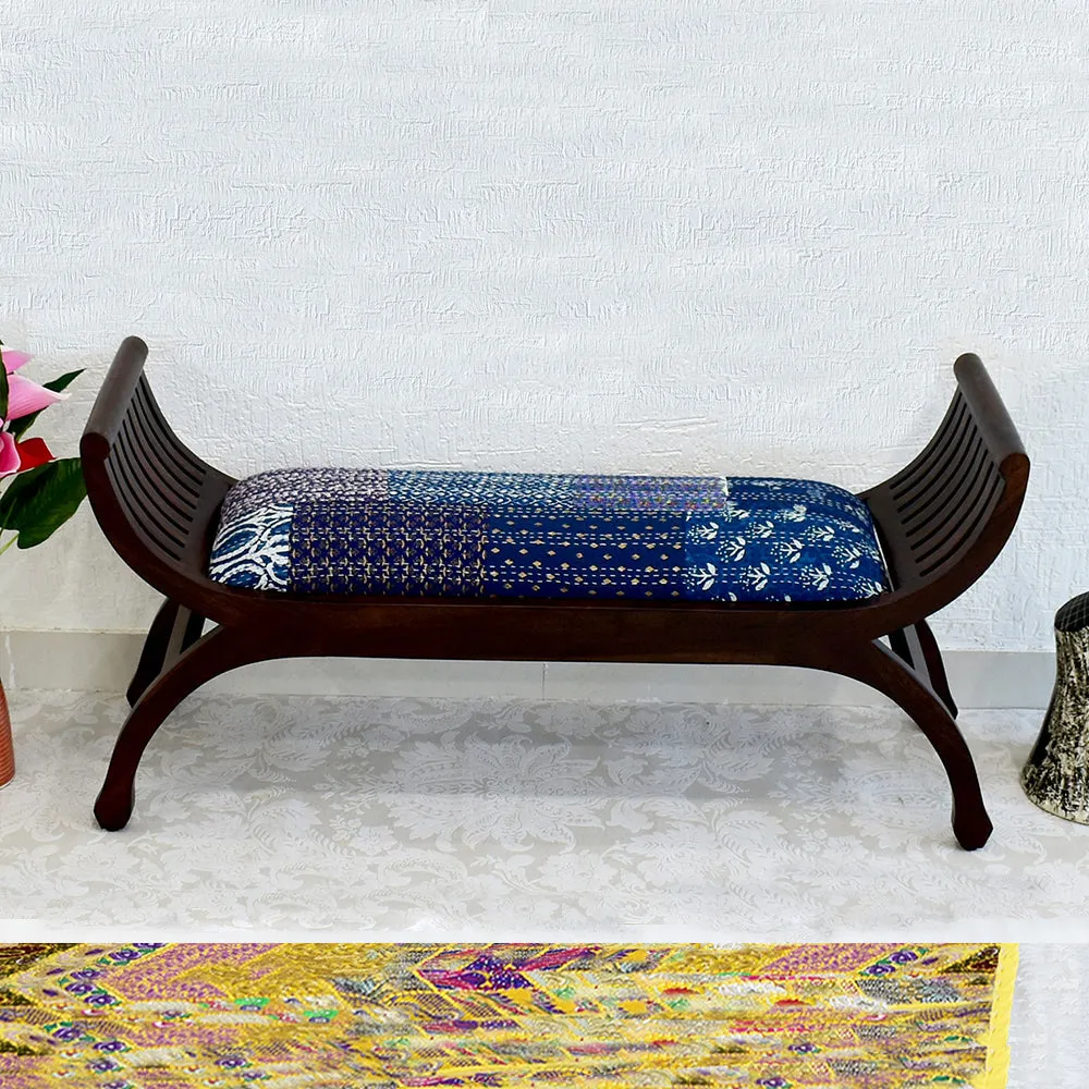 Senate Dark Brown Sheesham Wood With Blue Kantha Gudri patchwork Settee Sofa