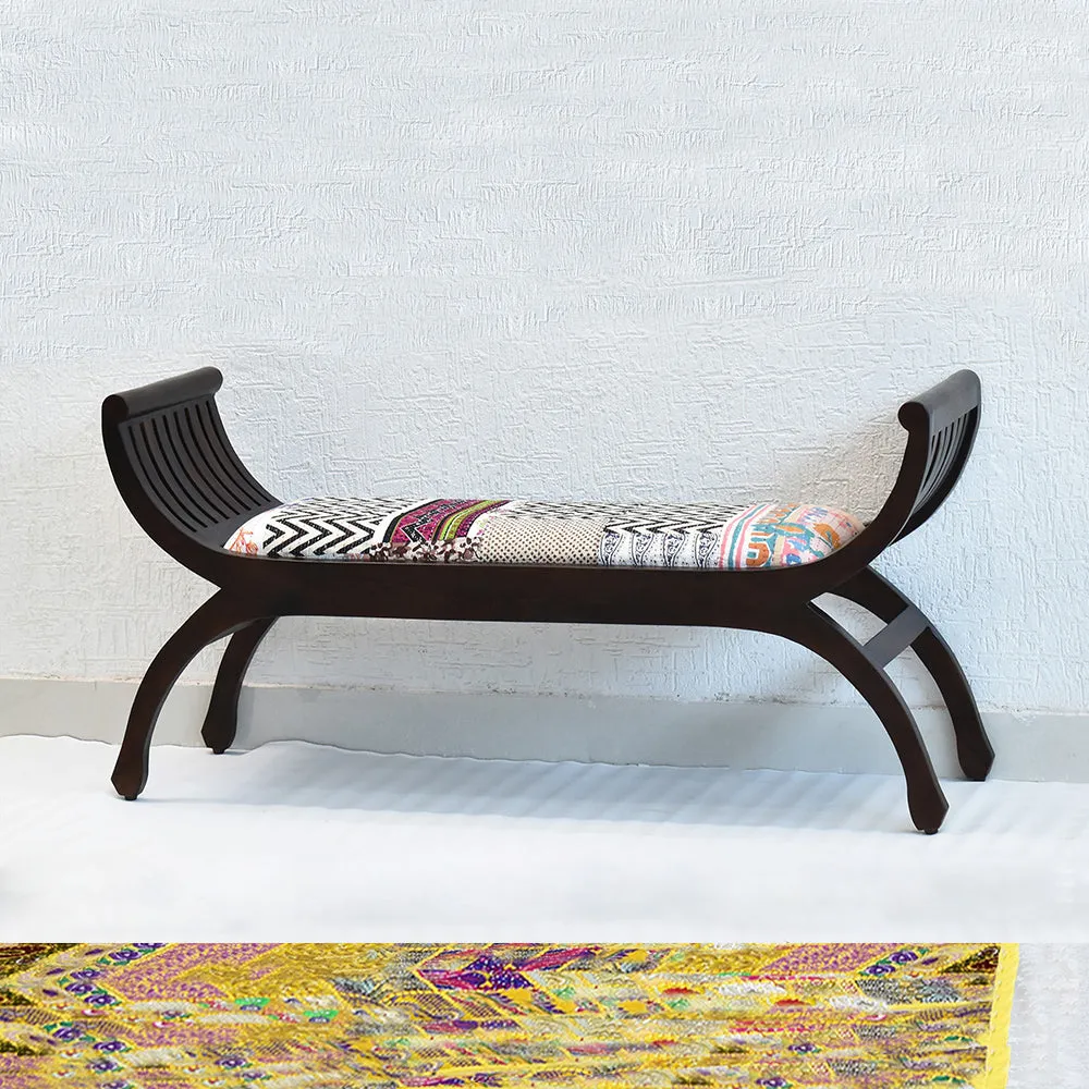 Senate Dark Brown Sheesham Wood With White Kantha Gudri patchwork Settee Sofa