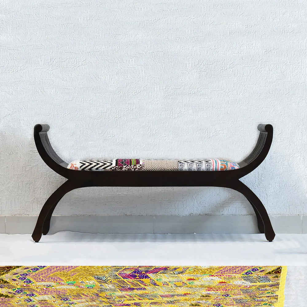 Senate Dark Brown Sheesham Wood With White Kantha Gudri patchwork Settee Sofa