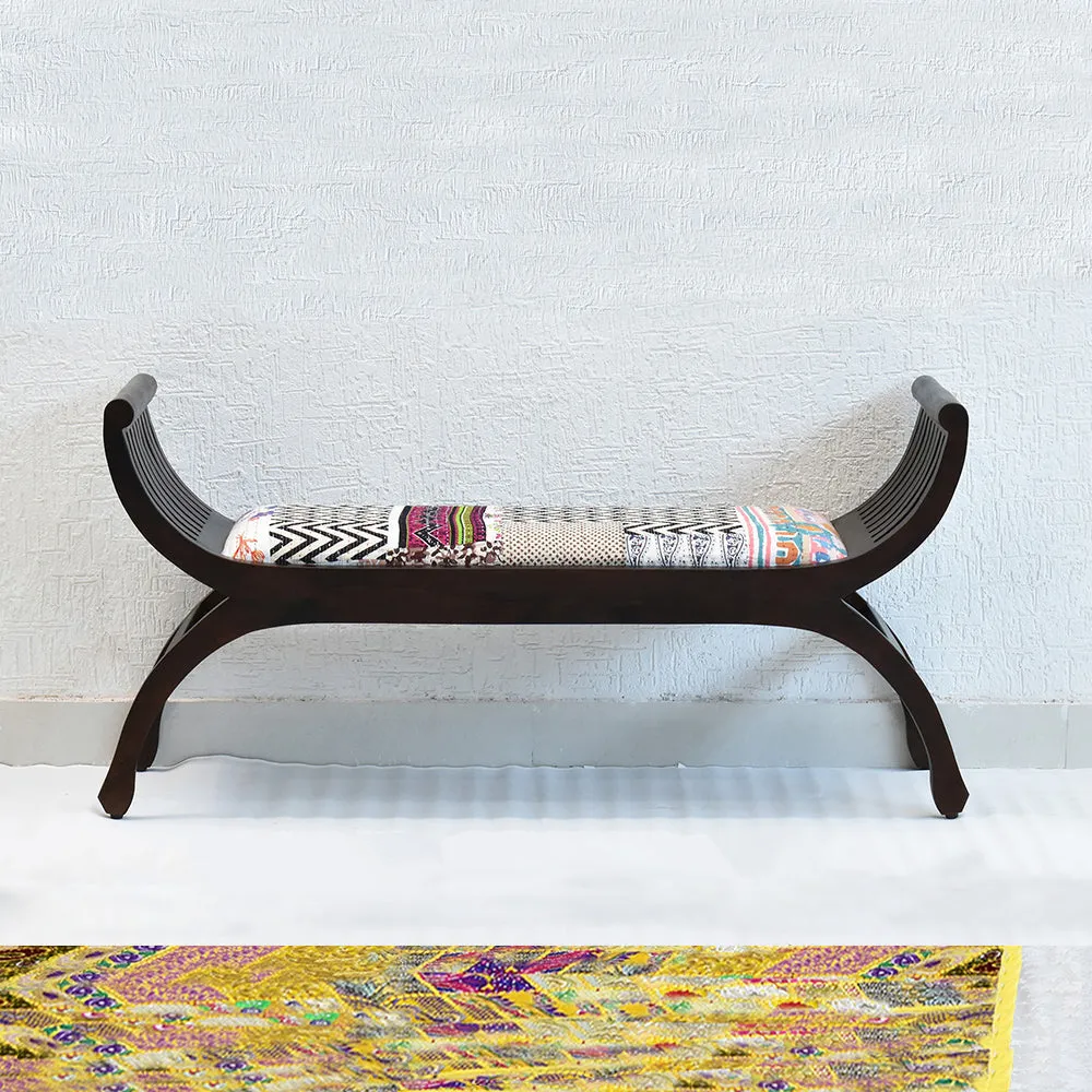Senate Dark Brown Sheesham Wood With White Kantha Gudri patchwork Settee Sofa