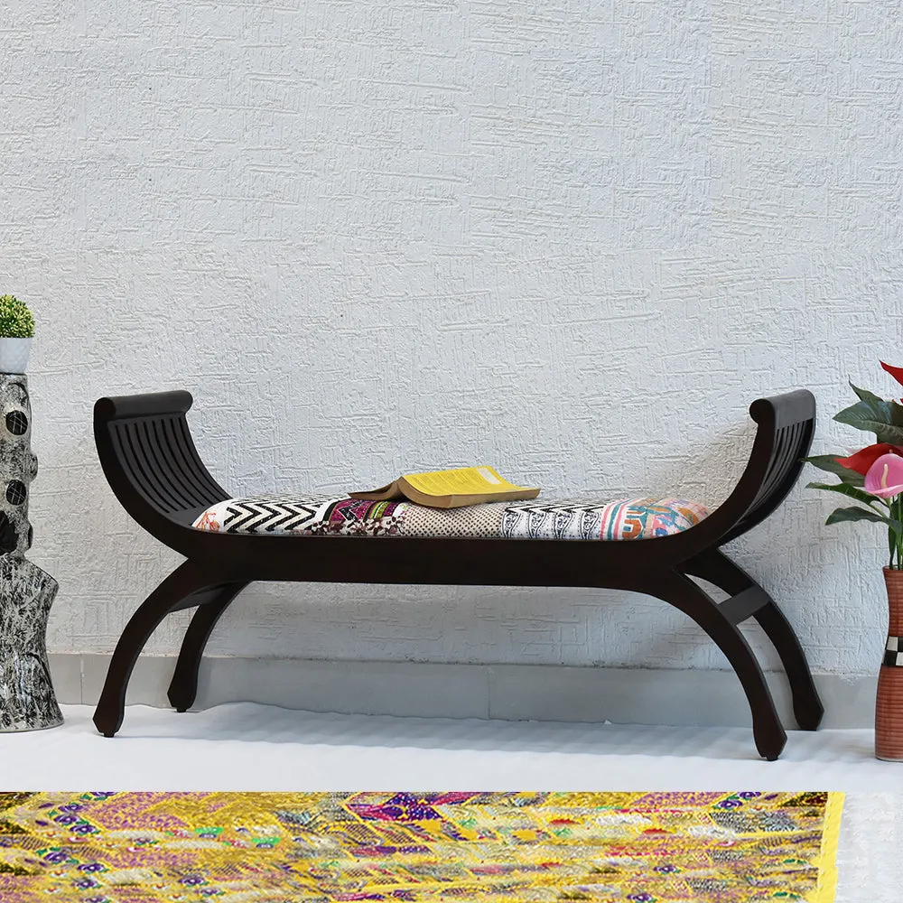 Senate Dark Brown Sheesham Wood With White Kantha Gudri patchwork Settee Sofa