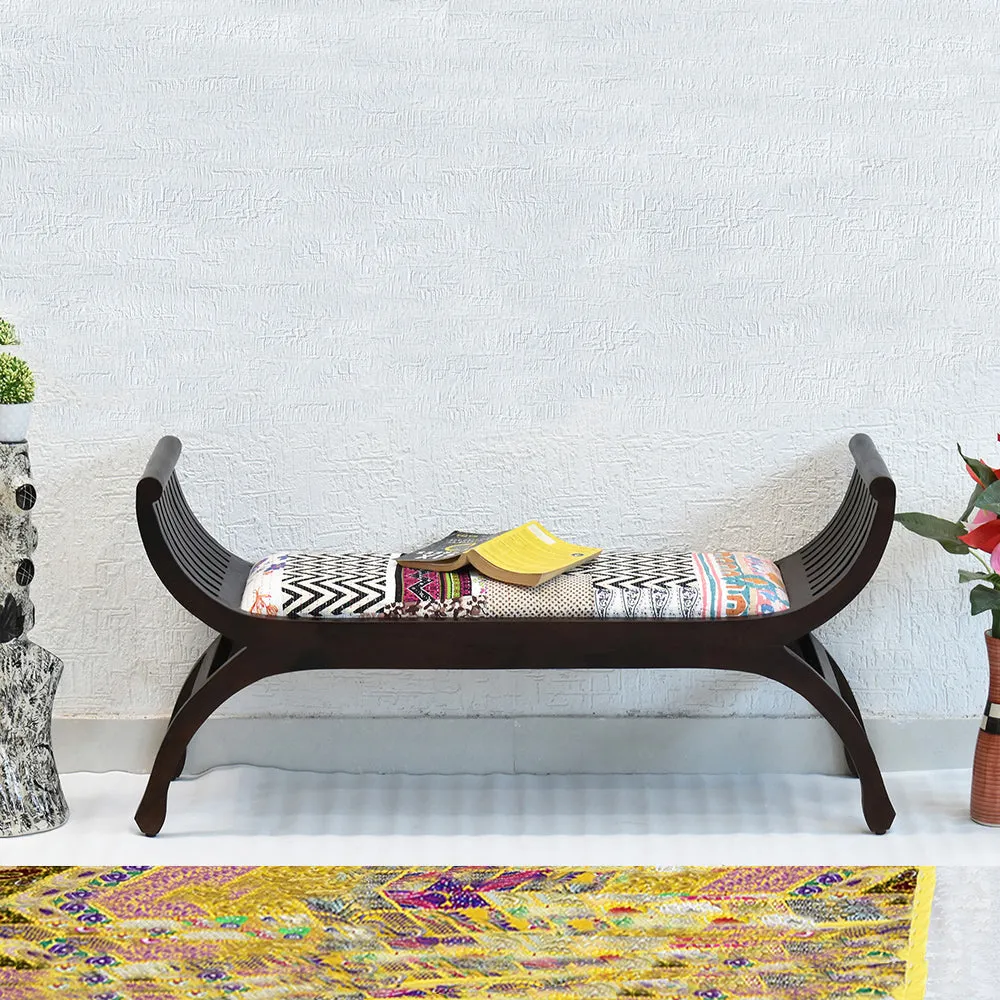 Senate Dark Brown Sheesham Wood With White Kantha Gudri patchwork Settee Sofa