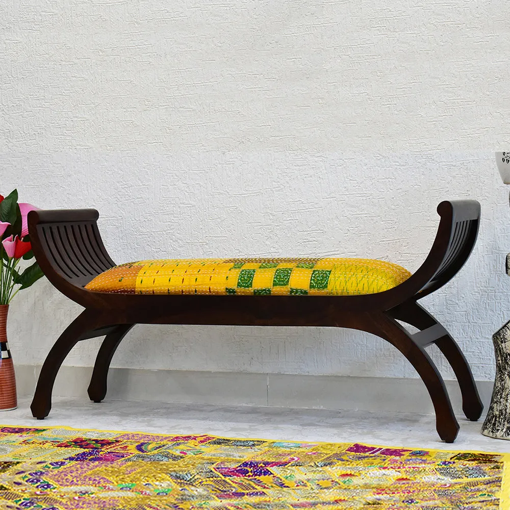Senate Dark Brown Sheesham Wood With Yellow Gudri patchwork Settee Sofa