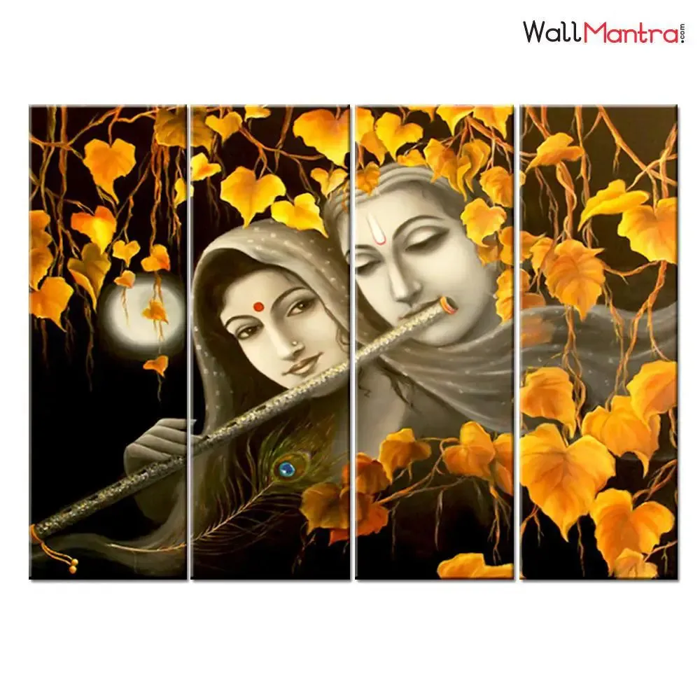 Sepia Tone Radha Krishna Wooden Framed 4 Pieces Canvas Painting