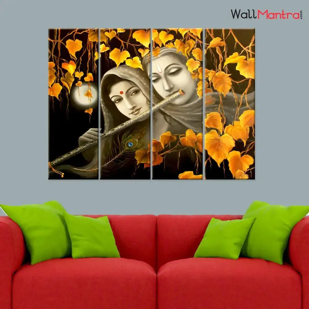 Sepia Tone Radha Krishna Wooden Framed 4 Pieces Canvas Painting