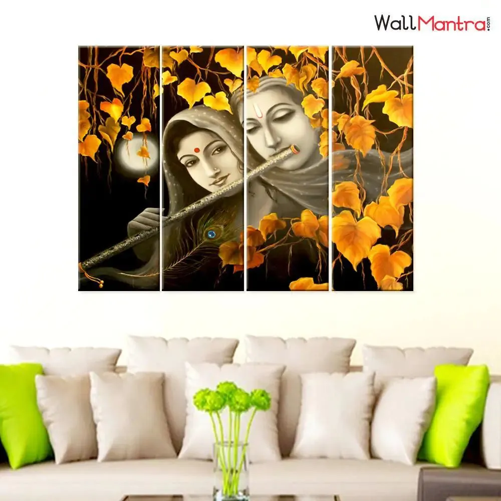 Sepia Tone Radha Krishna Wooden Framed 4 Pieces Canvas Painting