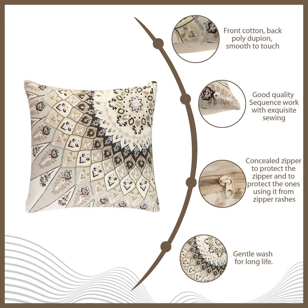 Sequins Work Polyester Beige Decorative Cushion Cover