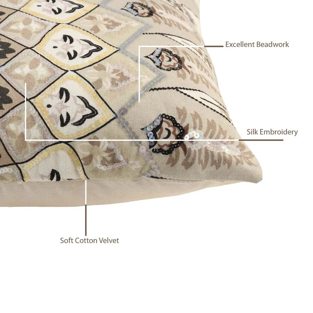 Sequins Work Polyester Beige Decorative Cushion Cover