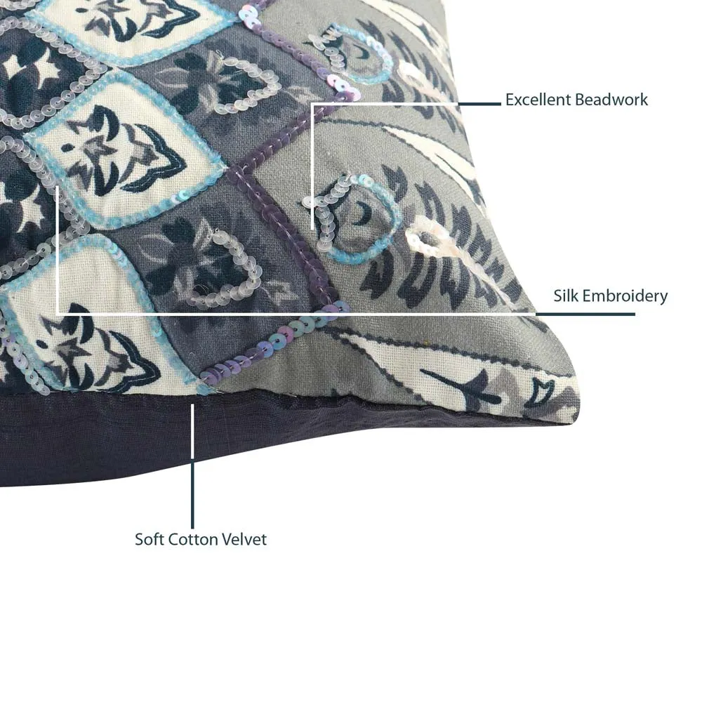 Sequins Work Polyester Blue Decorative Cushion Cover