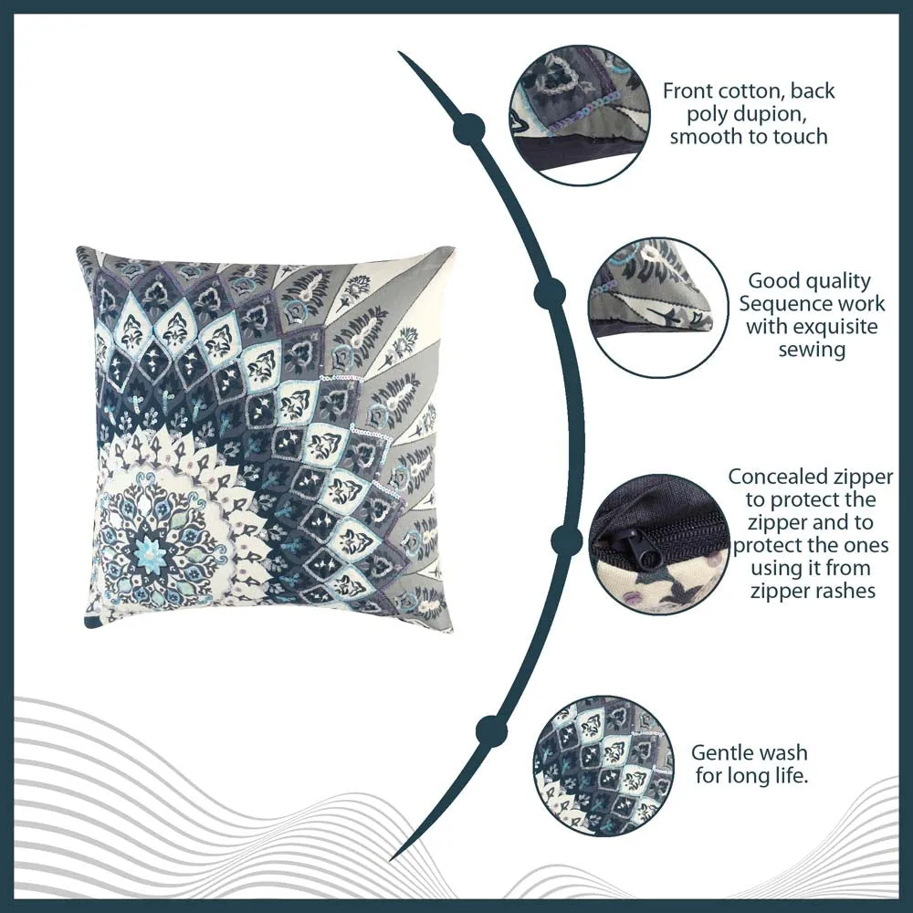 Sequins Work Polyester Blue Decorative Cushion Cover