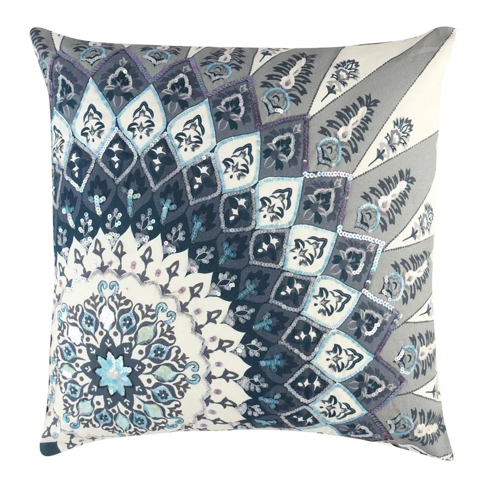 Sequins Work Polyester Blue Decorative Cushion Cover