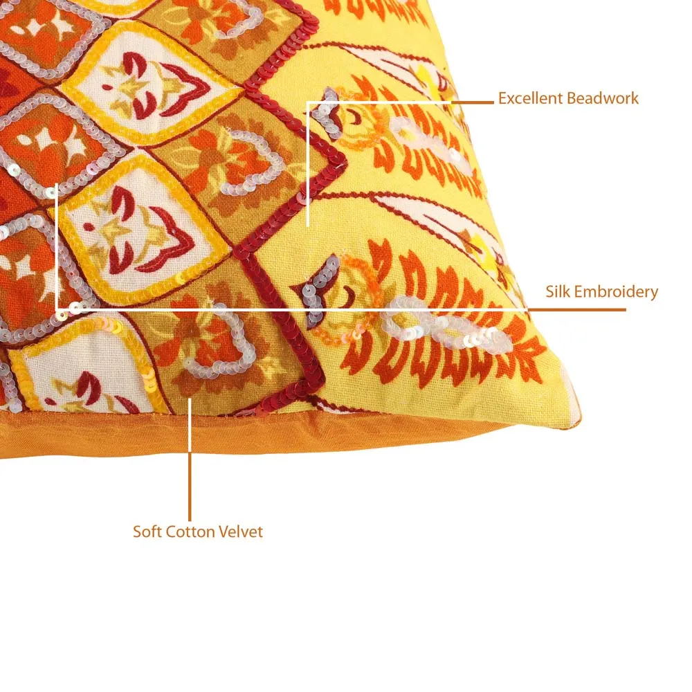 Sequins Work Polyester Yellow Decorative Cushion Cover