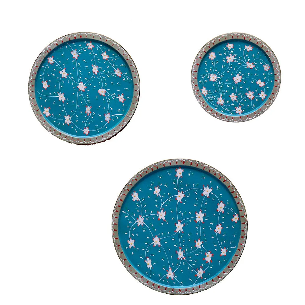 Serene Blue Base Floral Art Set of 3 Wallplates
