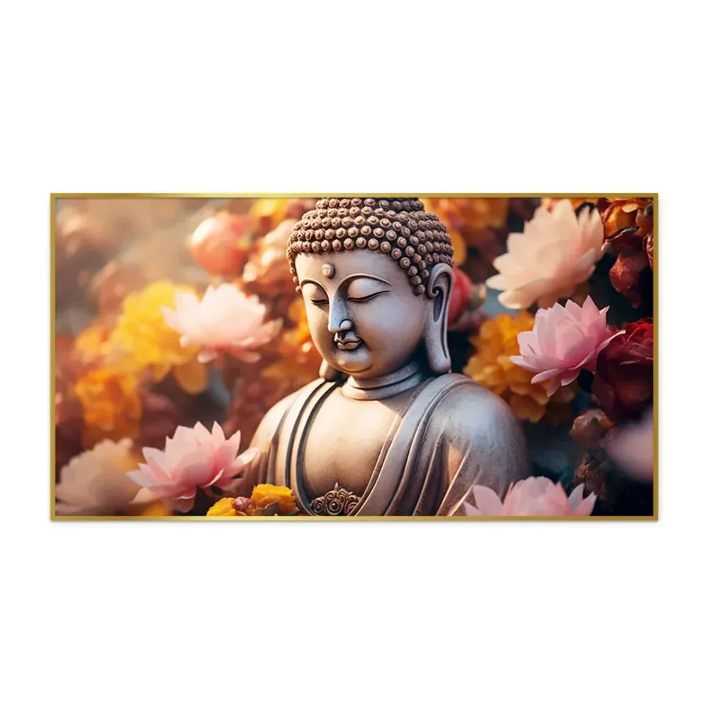 Serene Buddha with Blossoming Flowers Canvas Art With Frame