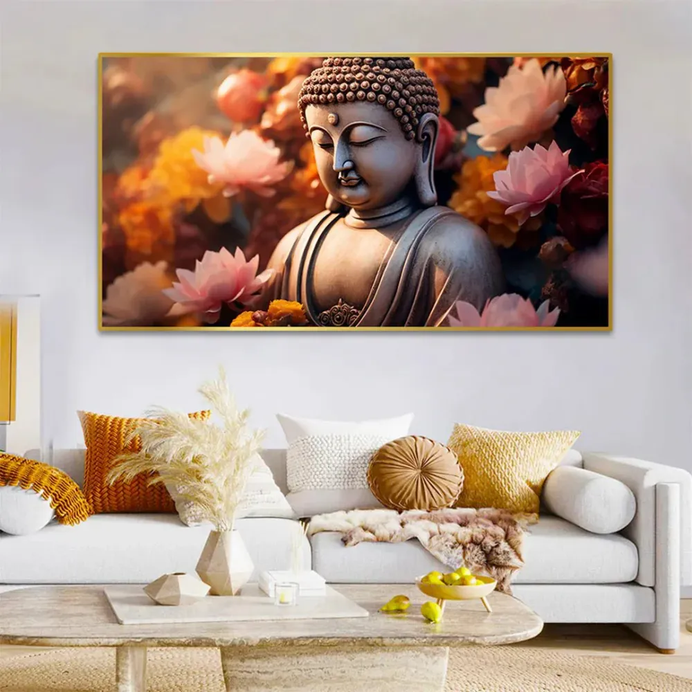 Serene Buddha with Blossoming Flowers Canvas Art With Frame