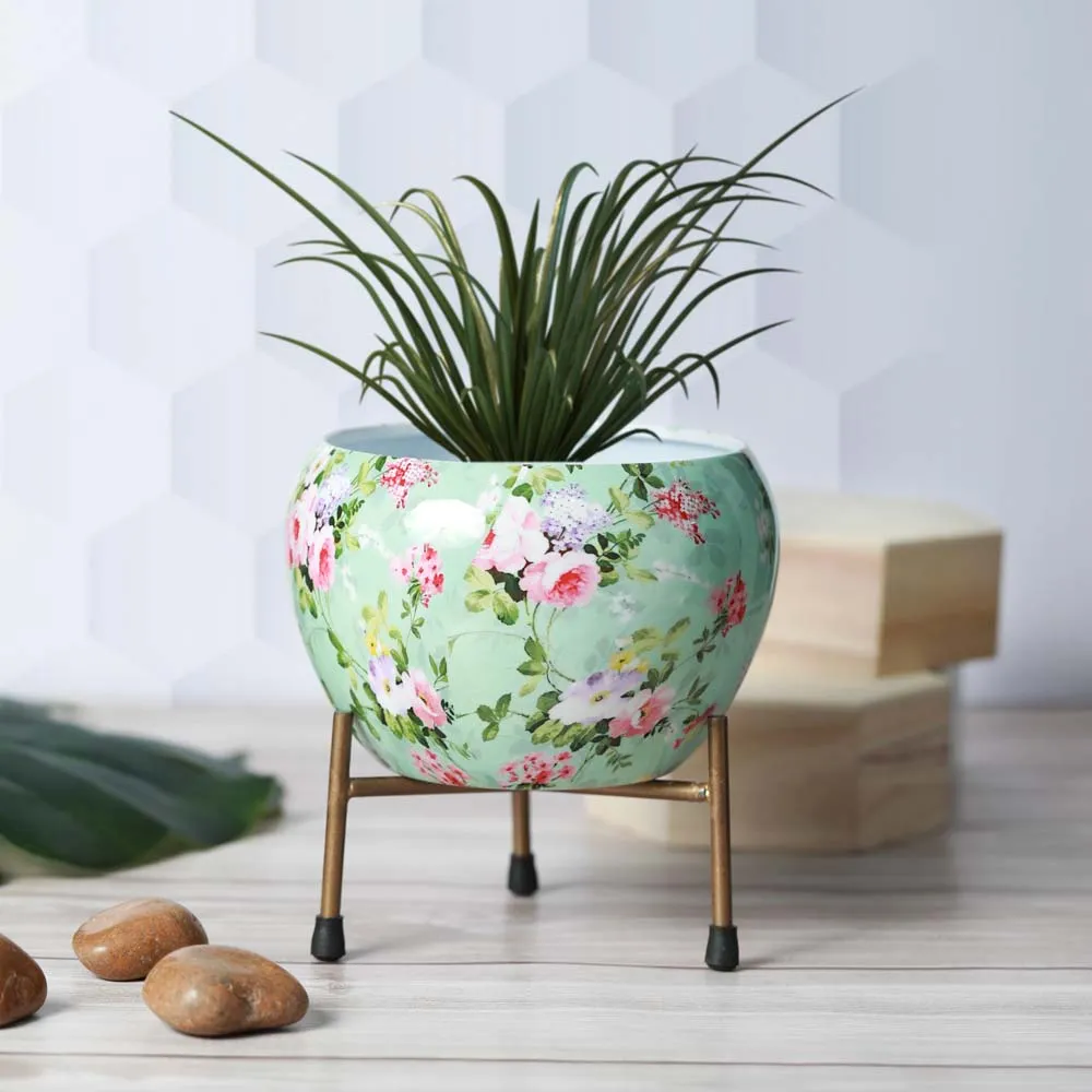 Serene Green and Golden Resilient Metal Plant Pot Set Of 1 Single Piece