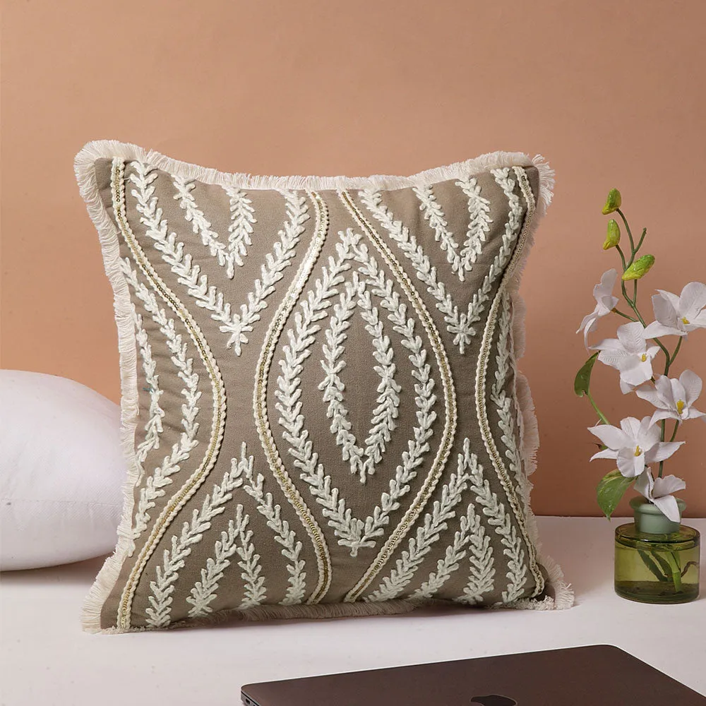 Serene Leaf Hand Embroidered Brown 100% Cotton Cushion Cover Pack of 1