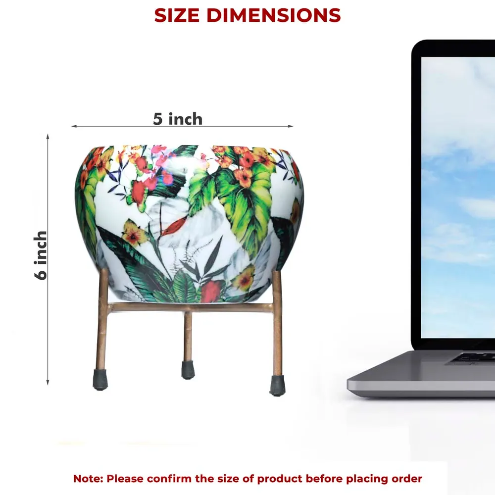 Serene Leafy Print Multi-Hued Resilient Metal Plant Pot With Stand Set Of 1