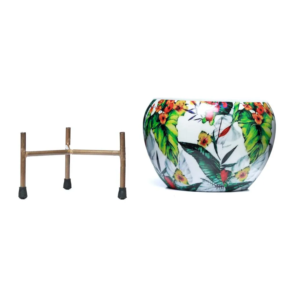 Serene Leafy Print Multi-Hued Resilient Metal Plant Pot With Stand Set Of 1