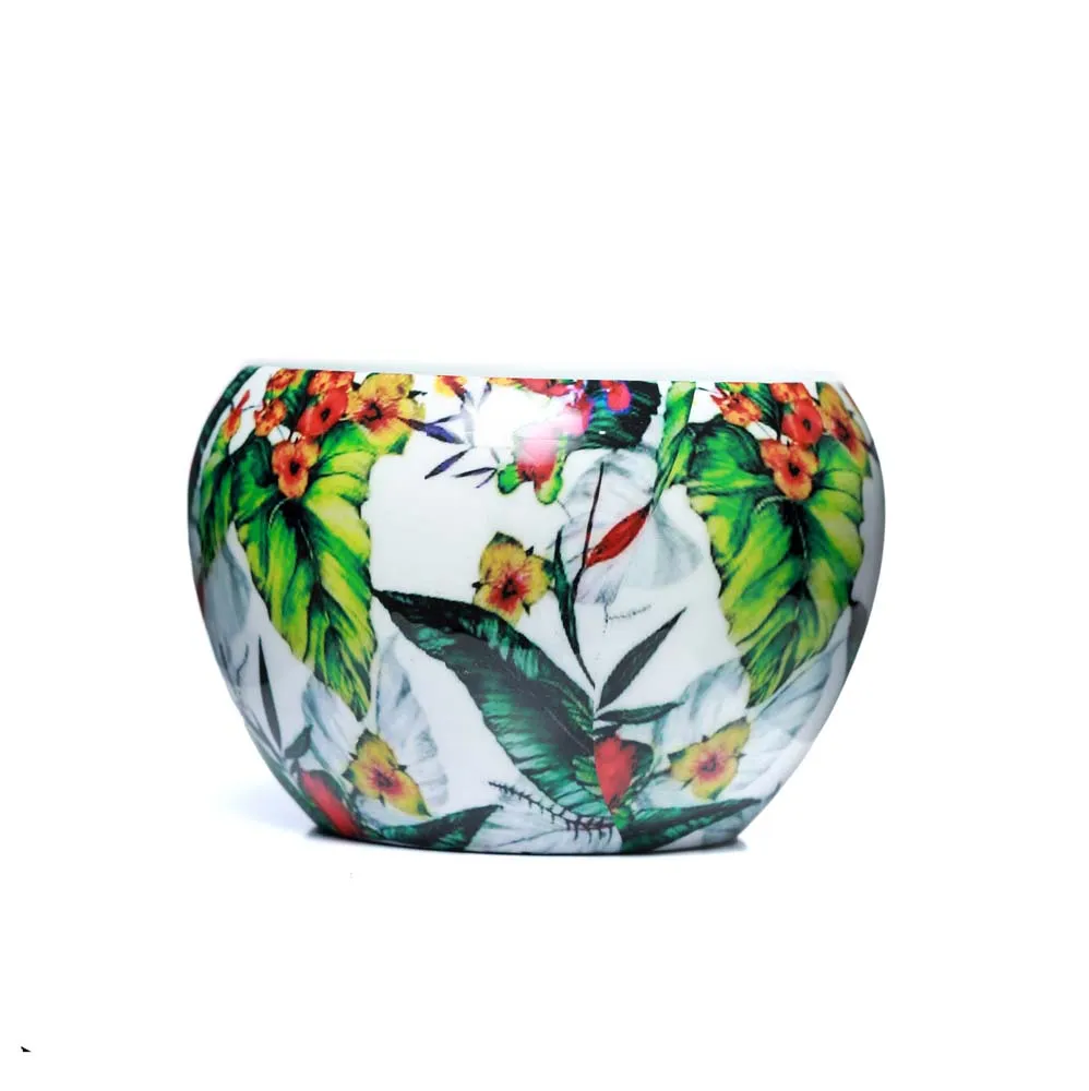 Serene Leafy Print Multi-Hued Resilient Metal Plant Pot With Stand Set Of 1