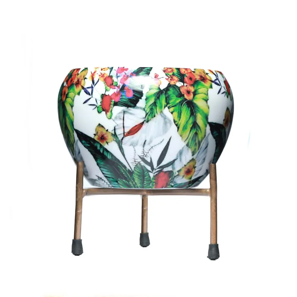 Serene Leafy Print Multi-Hued Resilient Metal Plant Pot With Stand Set Of 1