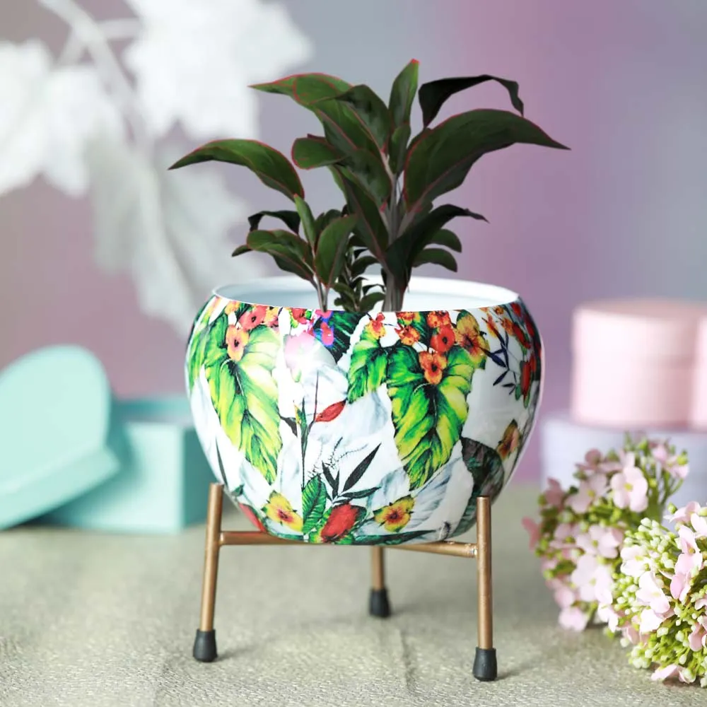 Serene Leafy Print Multi-Hued Resilient Metal Plant Pot With Stand Set Of 1
