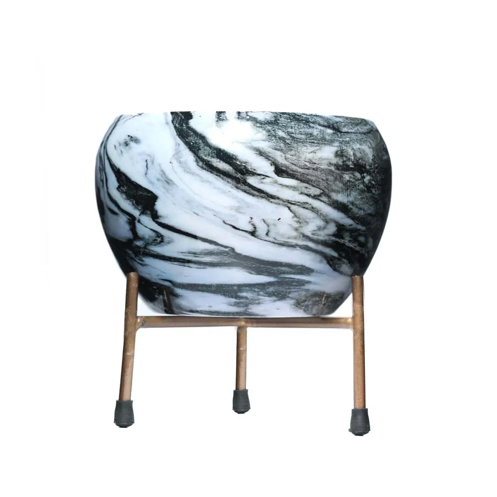 Serene Marble and Gold Toned Resilient Metal Plant Pot Set Of 1 Single Piece