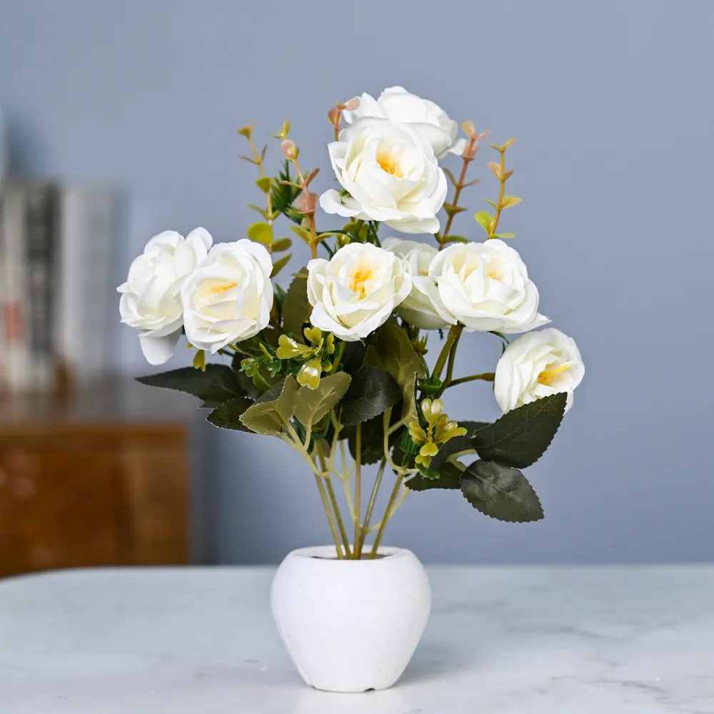 Serene White Roses Artificial Flower With Pot Single Piece