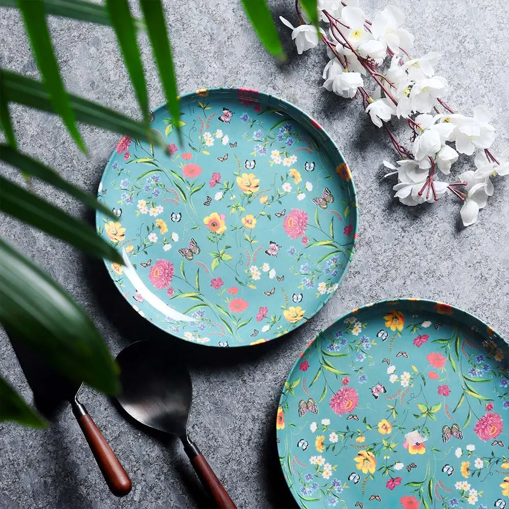 Set of 12 Pretty Mini Floral Printed Turquoise Superior-quality Melamine Dinner Plates