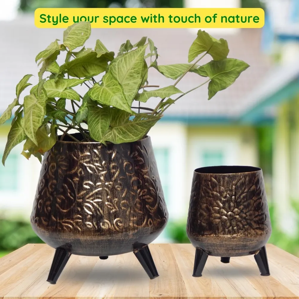 Set of 2 Aesthetic Gold & Black Textured Indoor Metal Plant Stand with Pot