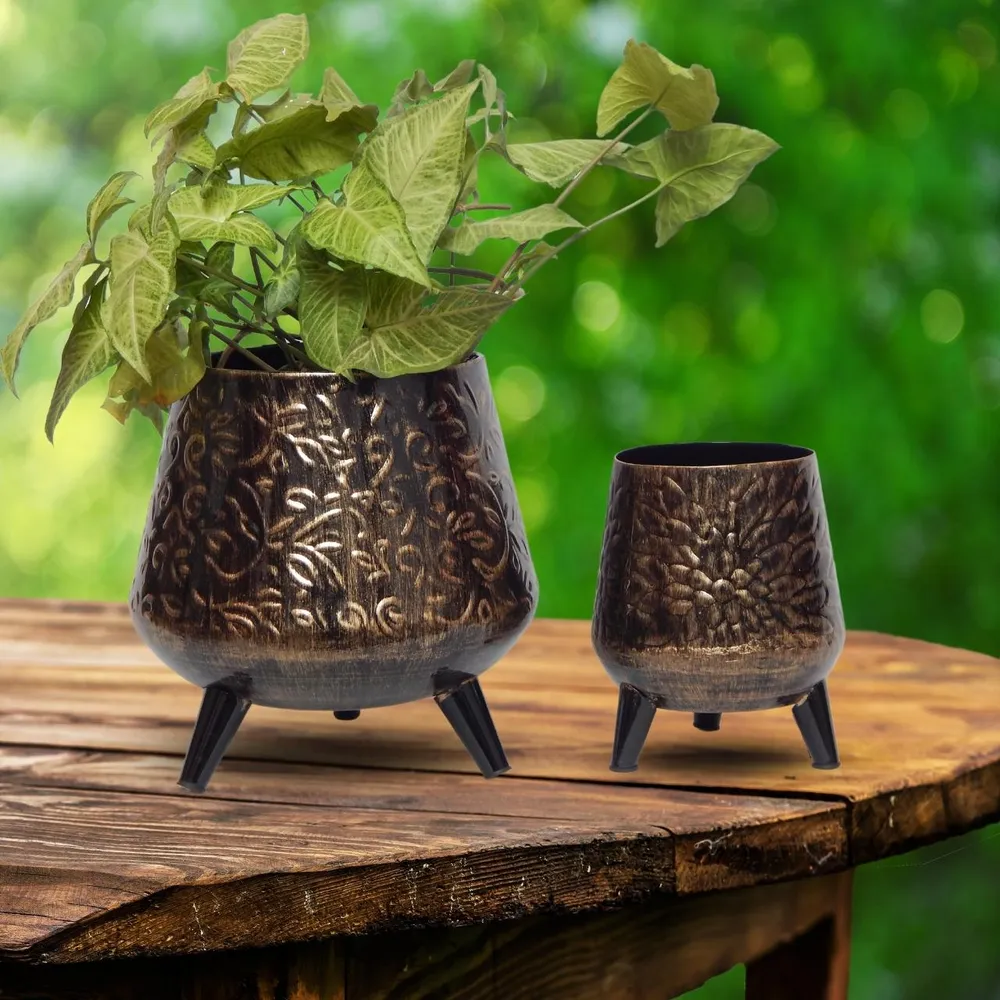 Set of 2 Aesthetic Gold & Black Textured Indoor Metal Plant Stand with Pot