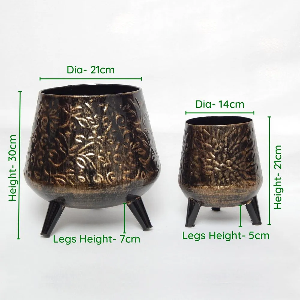 Set of 2 Aesthetic Gold & Black Textured Indoor Metal Plant Stand with Pot