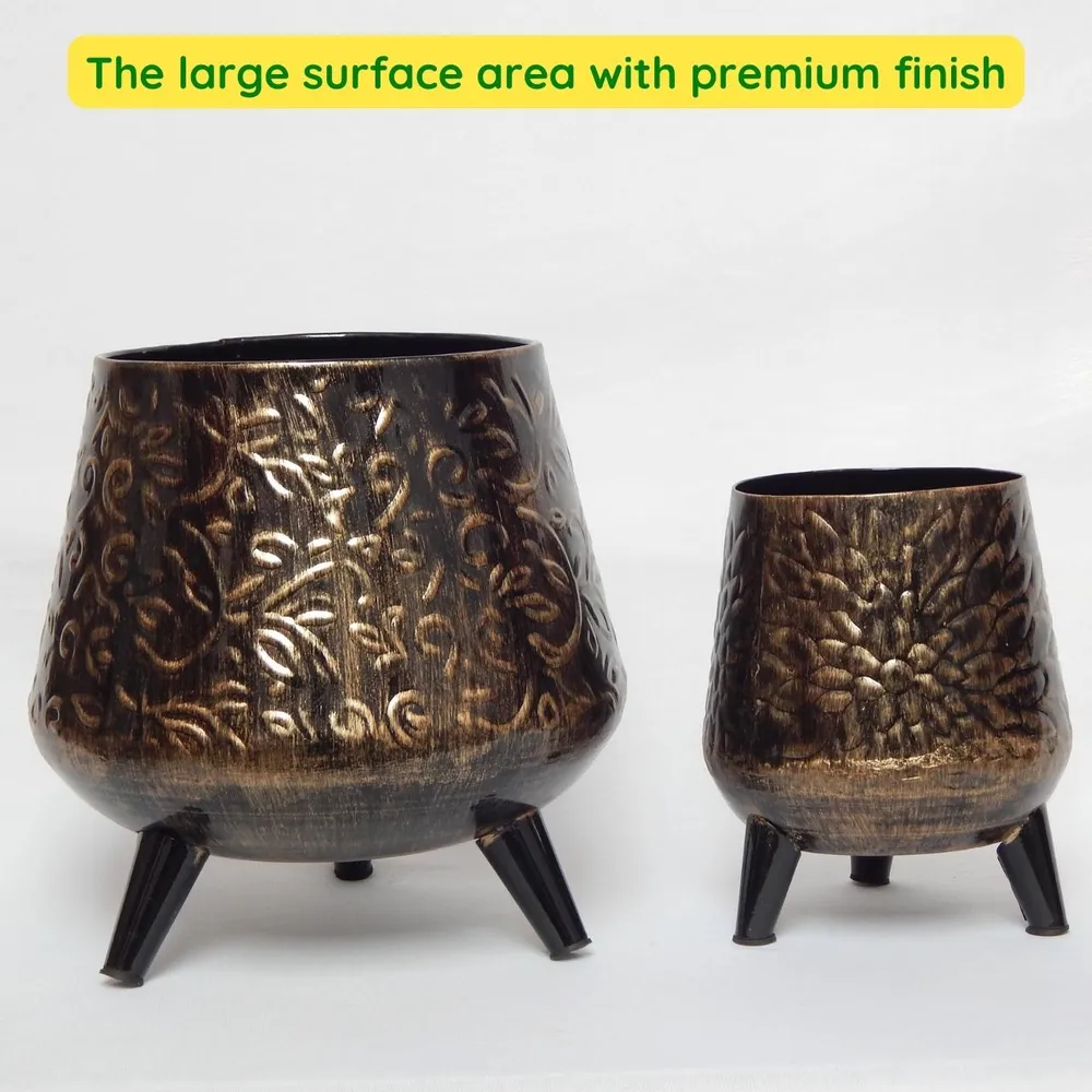 Set of 2 Aesthetic Gold & Black Textured Indoor Metal Plant Stand with Pot