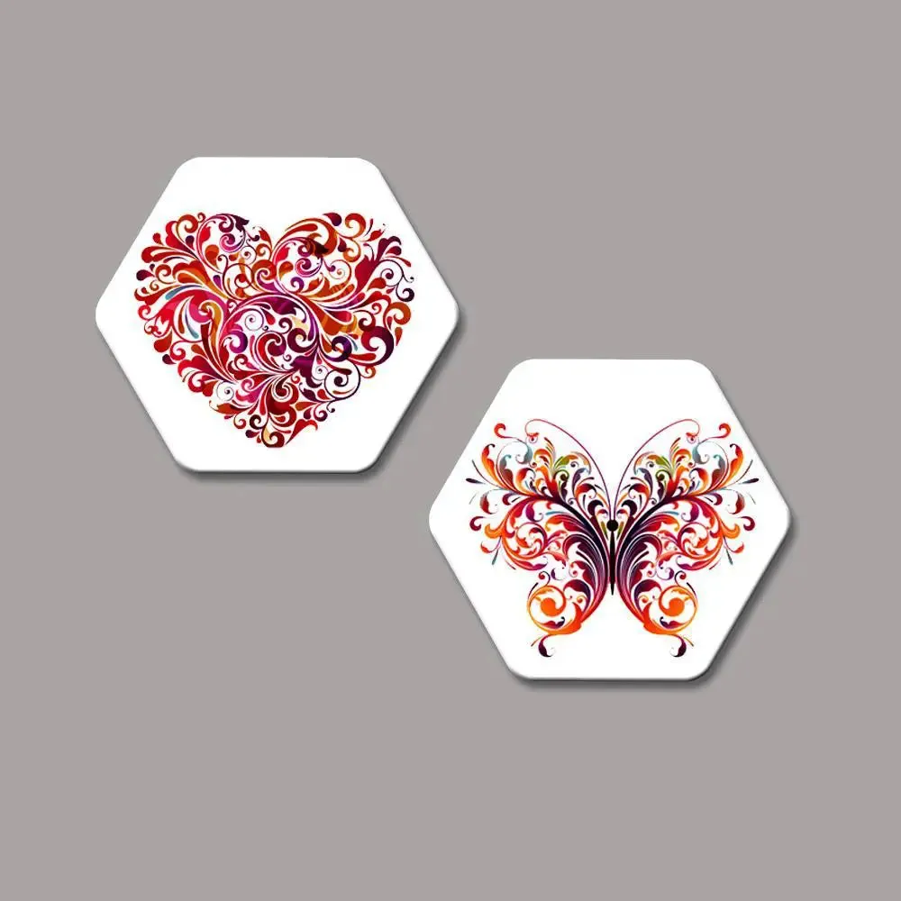 Set of 2 Beautiful Heart And Butterfly Hexagon Shape Canvas Wall Painting