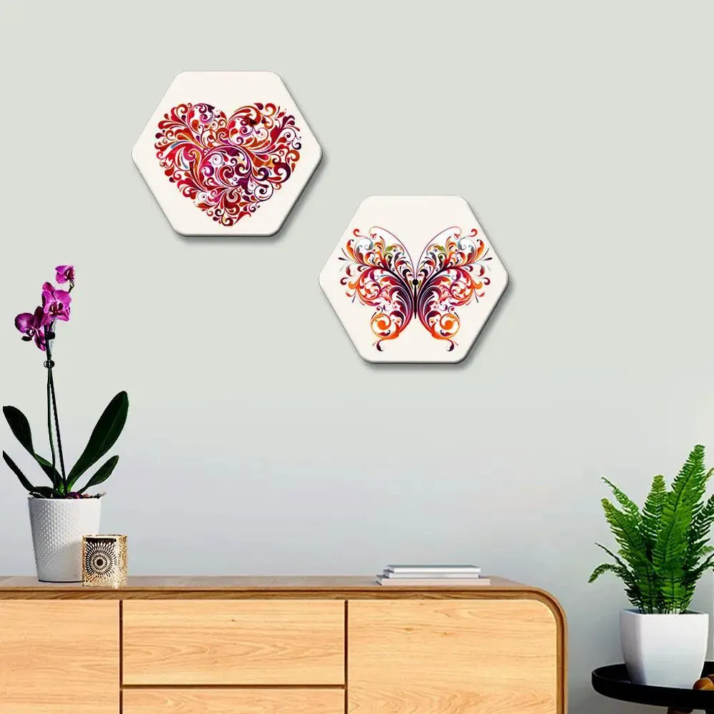 Set of 2 Beautiful Heart And Butterfly Hexagon Shape Canvas Wall Painting