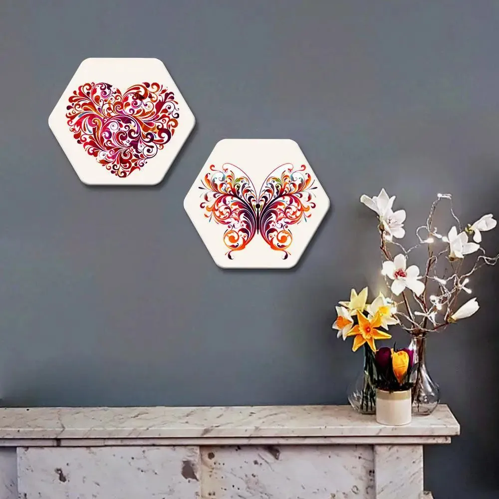 Set of 2 Beautiful Heart And Butterfly Hexagon Shape Canvas Wall Painting