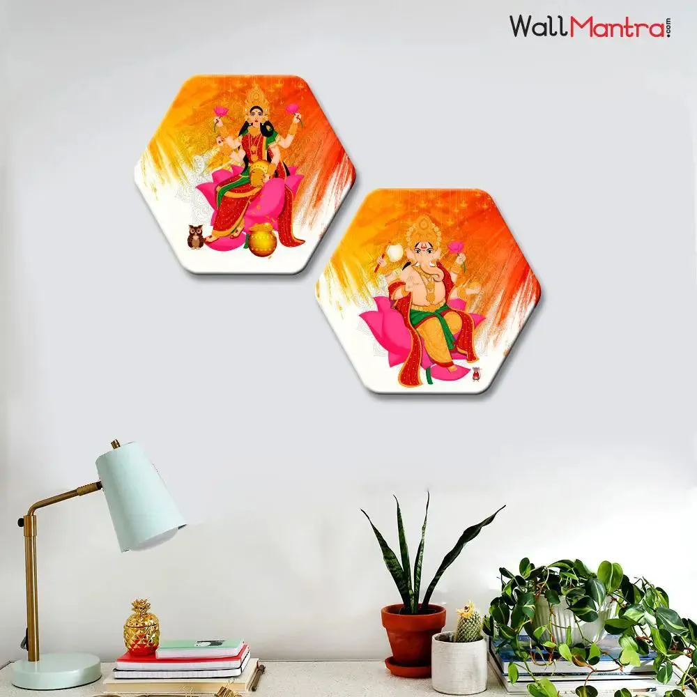 Set of 2 Beautiful Laxmi Ganesha Hexagon Shape Canvas Wall Painting