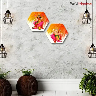 Set of 2 Beautiful Laxmi Ganesha Hexagon Shape Canvas Wall Painting