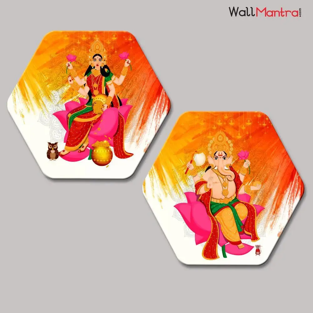 Set of 2 Beautiful Laxmi Ganesha Hexagon Shape Canvas Wall Painting