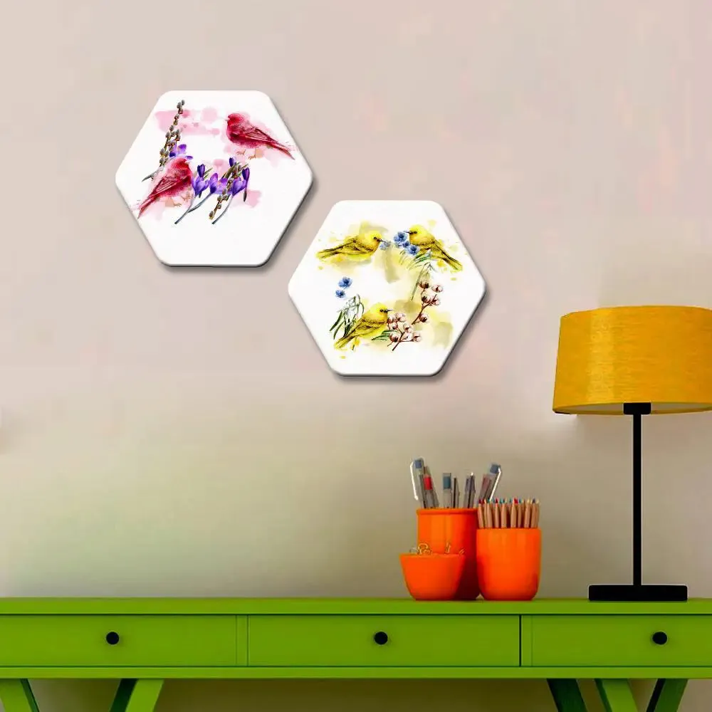 Set of 2 Beautiful Love Bird Hexagon Shape Canvas Wall Painting