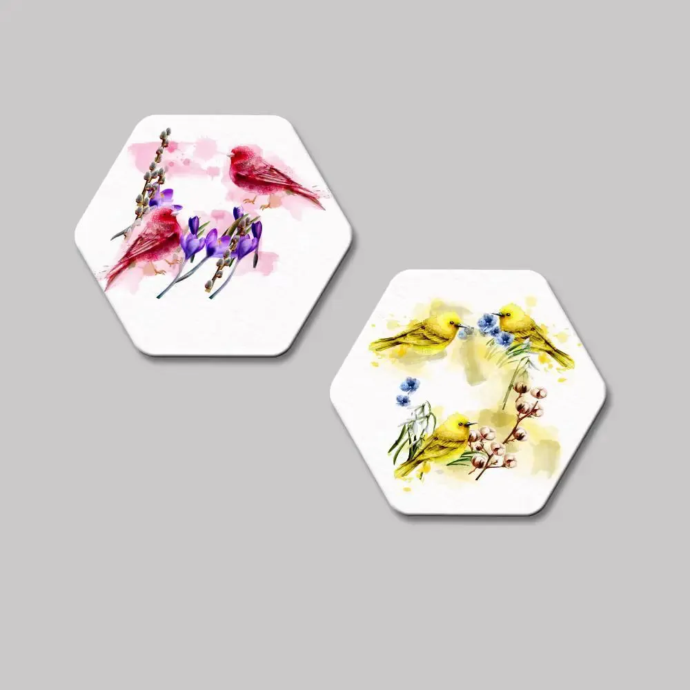 Set of 2 Beautiful Love Bird Hexagon Shape Canvas Wall Painting