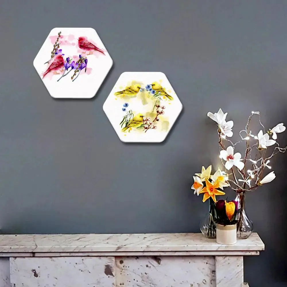 Set of 2 Beautiful Love Bird Hexagon Shape Canvas Wall Painting