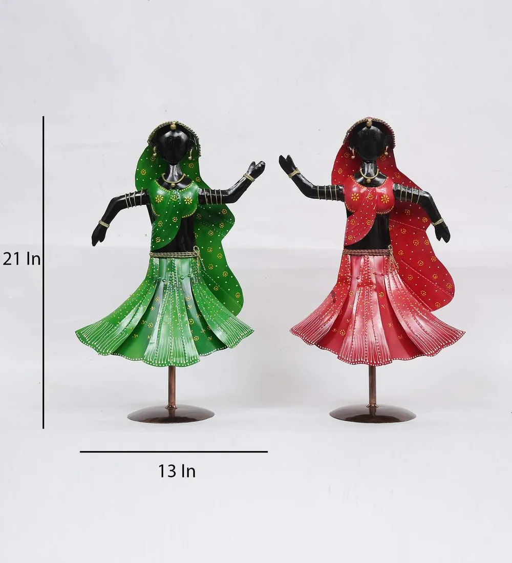Set of 2 Black Dancing Twin Ladies Metal Human Figurines / Showpiece